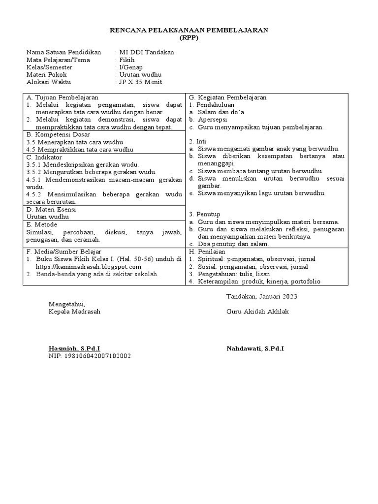 RPP KLS 1 Fikih | PDF