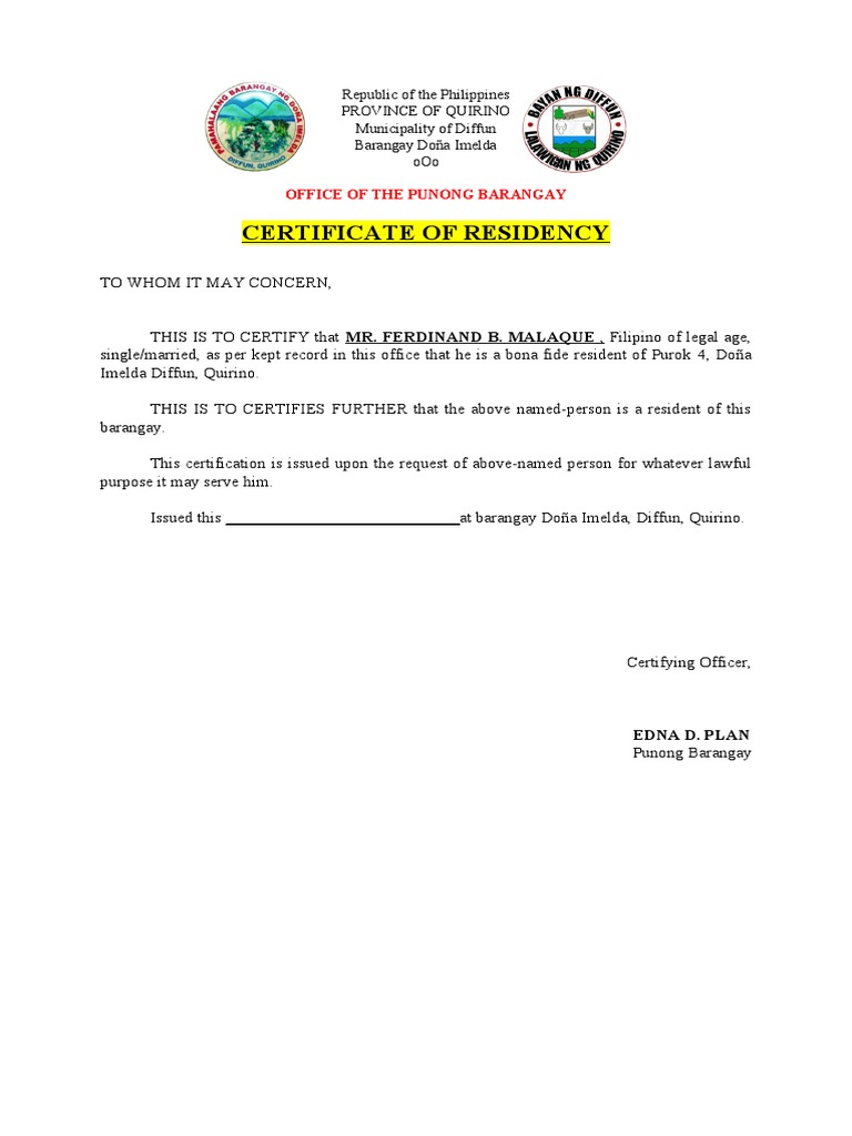 Barangay Doña Imelda Residency Certificate | PDF