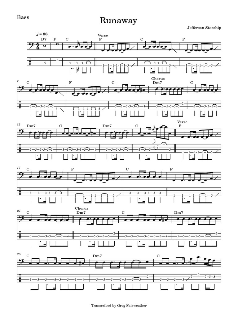 Runaway Jefferson Starship Bass Tab PDF