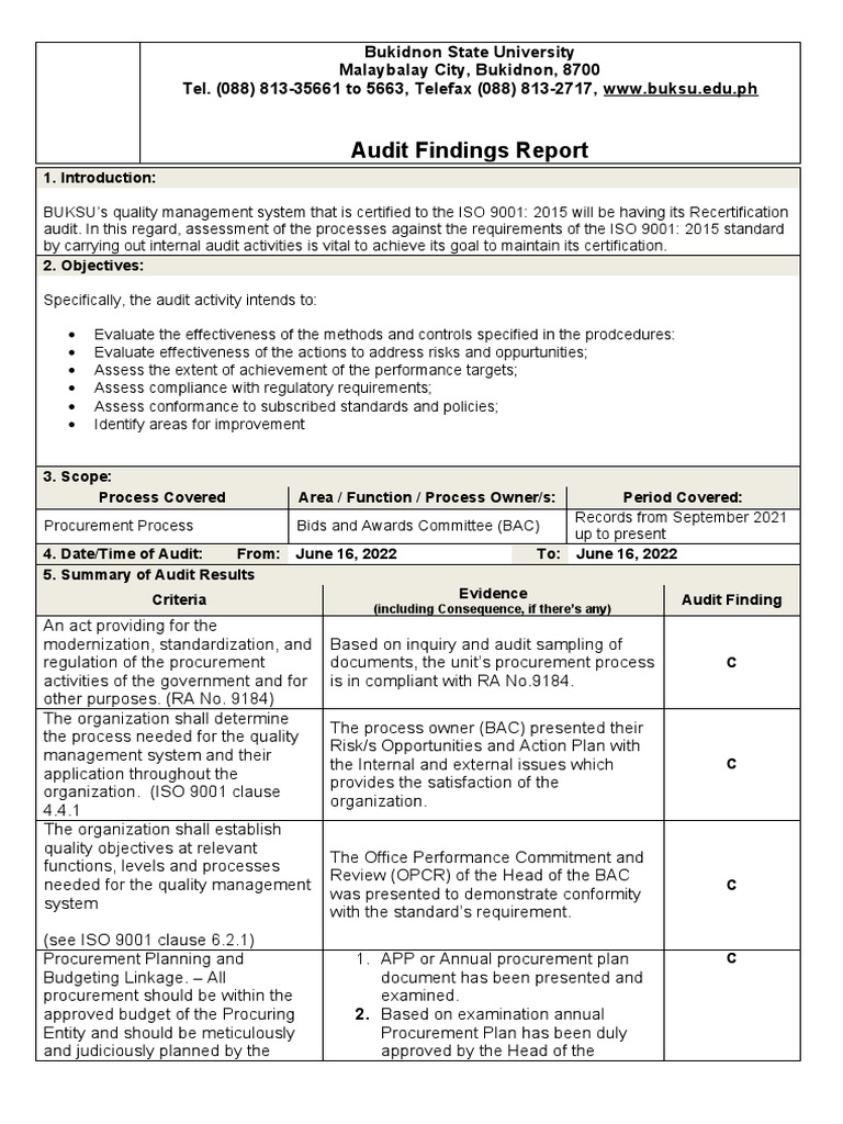 BUKSU ISO 9001:2015 Audit Findings Report | PDF | Audit | Iso 9000