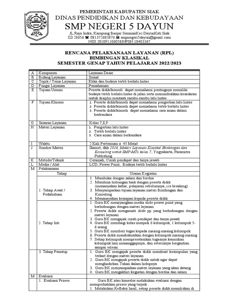 RPL Bimbingan Tertib Lalu Lintas SMP | PDF