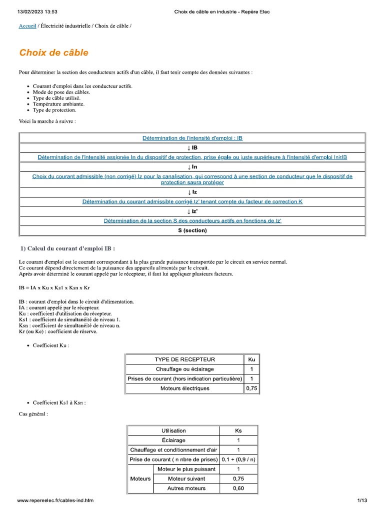 Cours Sur Le Choix de La Section Des Cables | PDF