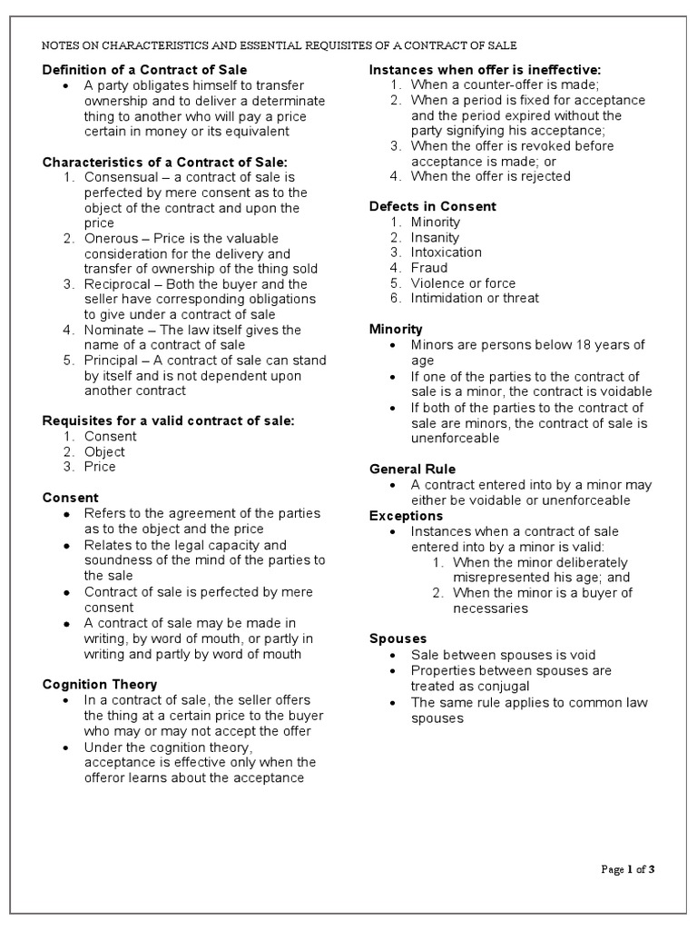 Contract of Sale: Key Characteristics & Requisites | PDF | Possession ...