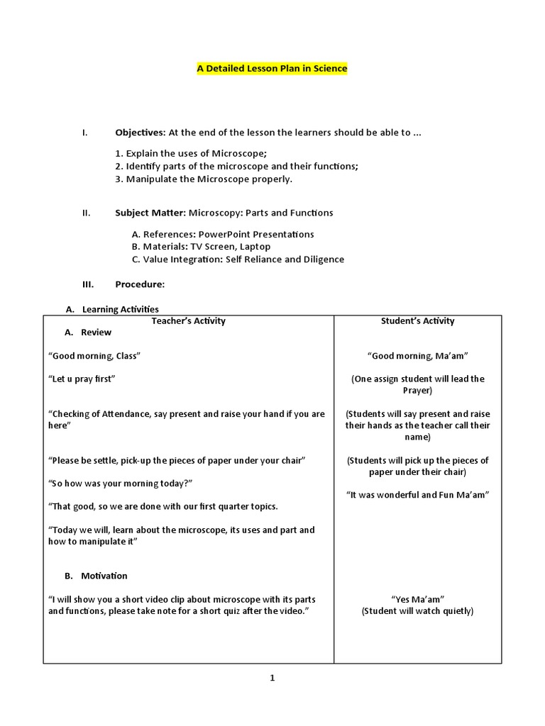 Science Lesson Plan: Using a Microscope | PDF | Microscopy ...