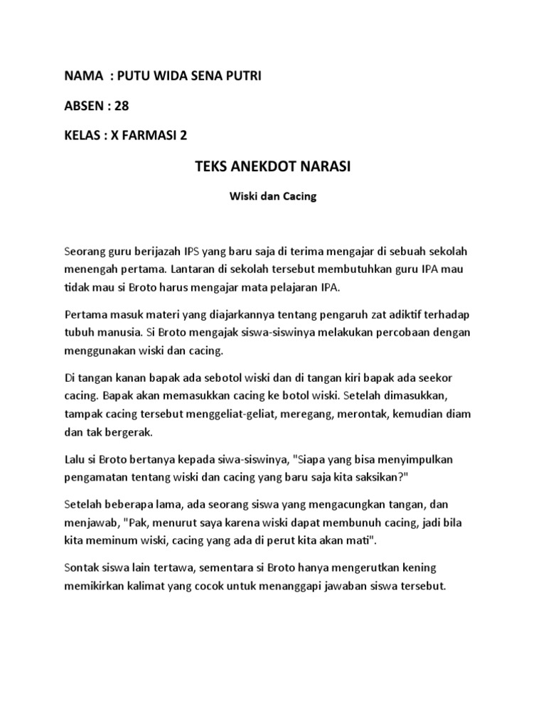 Teks Anekdot Narasi Wiski Dan Cacing PDF Sains & Matematika