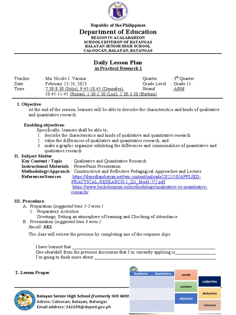 Daily Lesson Plan: Practical Research 1 | PDF | Qualitative Research ...