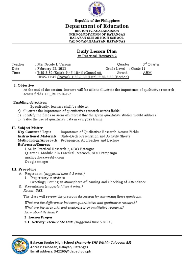Daily Lesson Plan: Qualitative Research | PDF | Quantitative Research ...