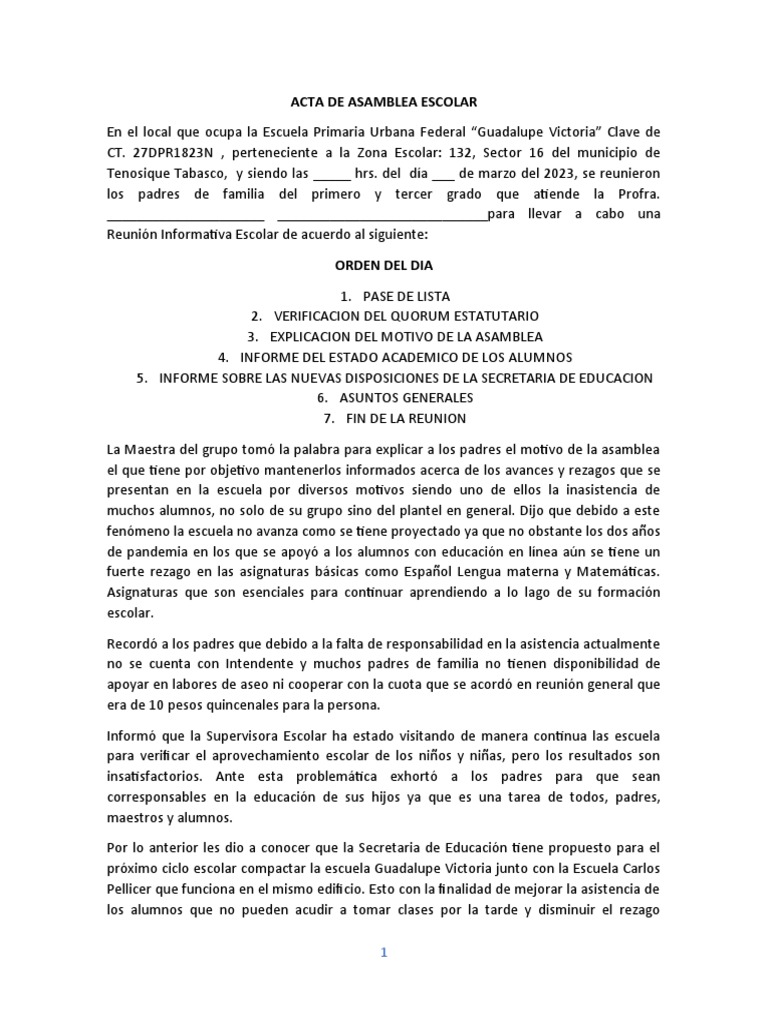 Acta de Asamblea Escolar 2023 | PDF | Salud y bienestar