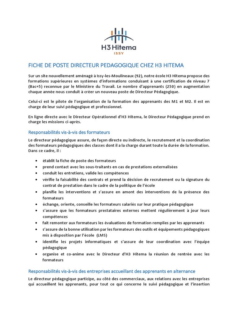 Fiche de Poste : Directeur Pédagogique H3 Hitema | PDF | Pédagogie ...