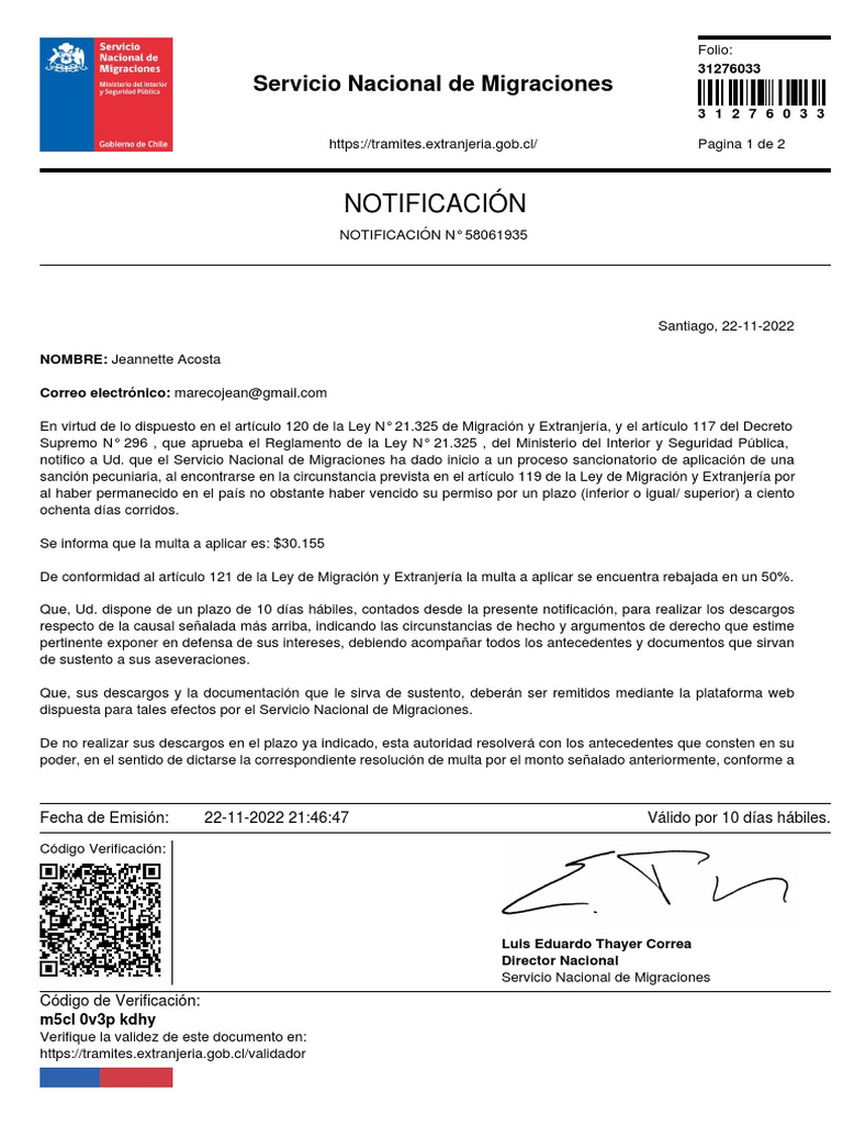 Notificación: Servicio Nacional de Migraciones | PDF | Multa (pena ...