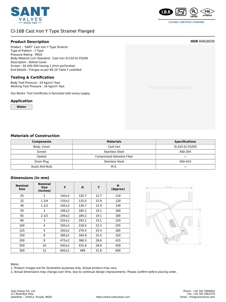 Sant Valves CI16B Cast Iron Y Type Strainer PDF Building