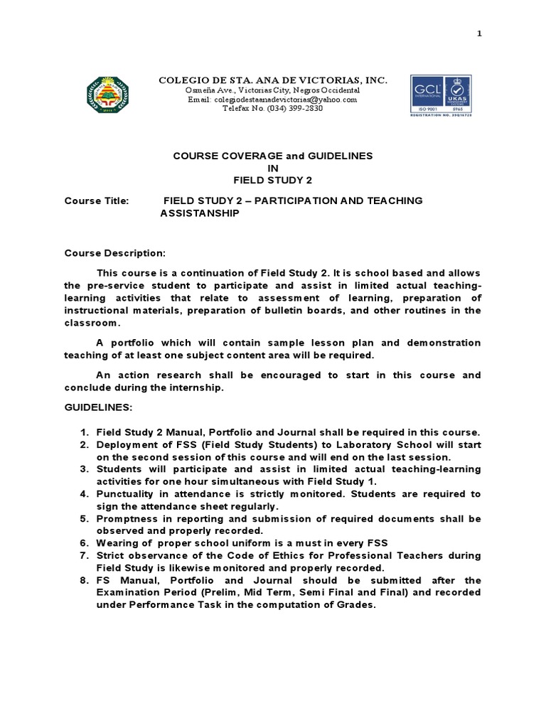 Field Study 2 Course Guidelines | PDF | Classroom Management ...