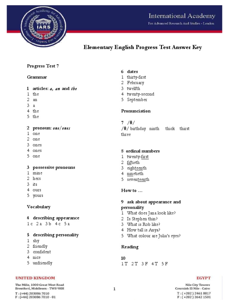 Elementary English Progress Test 7 - Answer Key | PDF