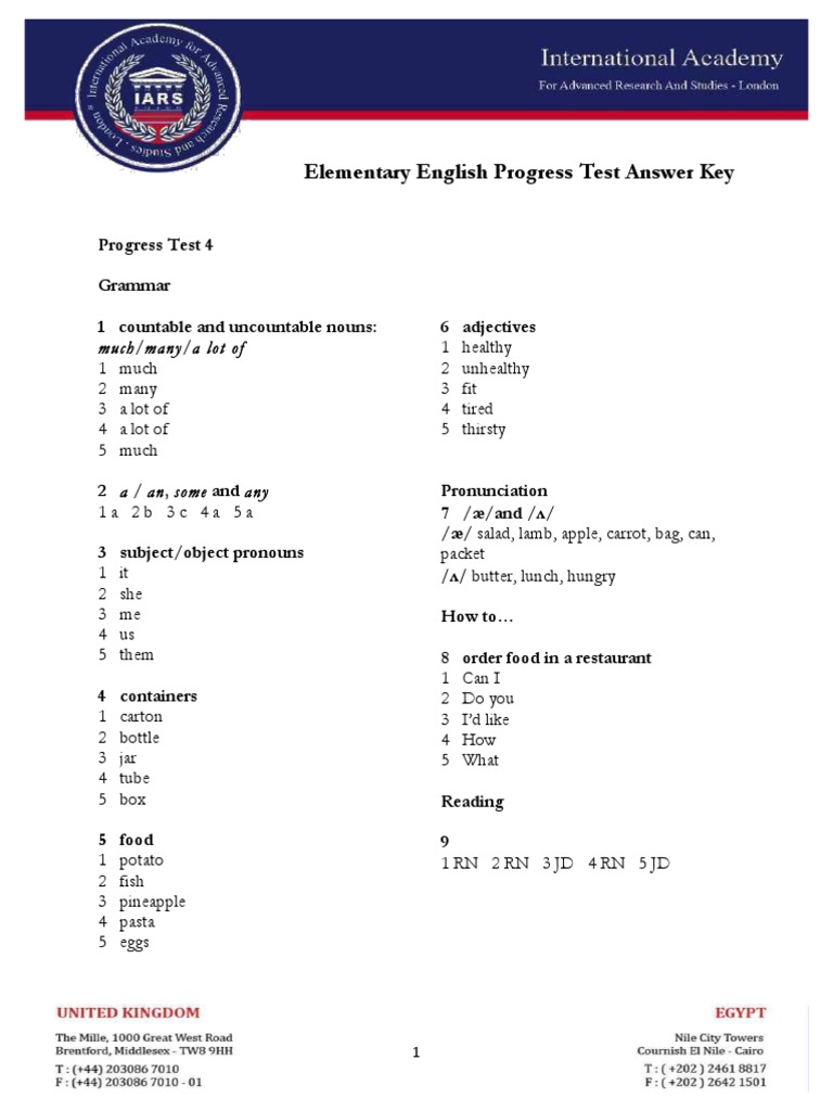 Progress Test 4 Answer Key | PDF