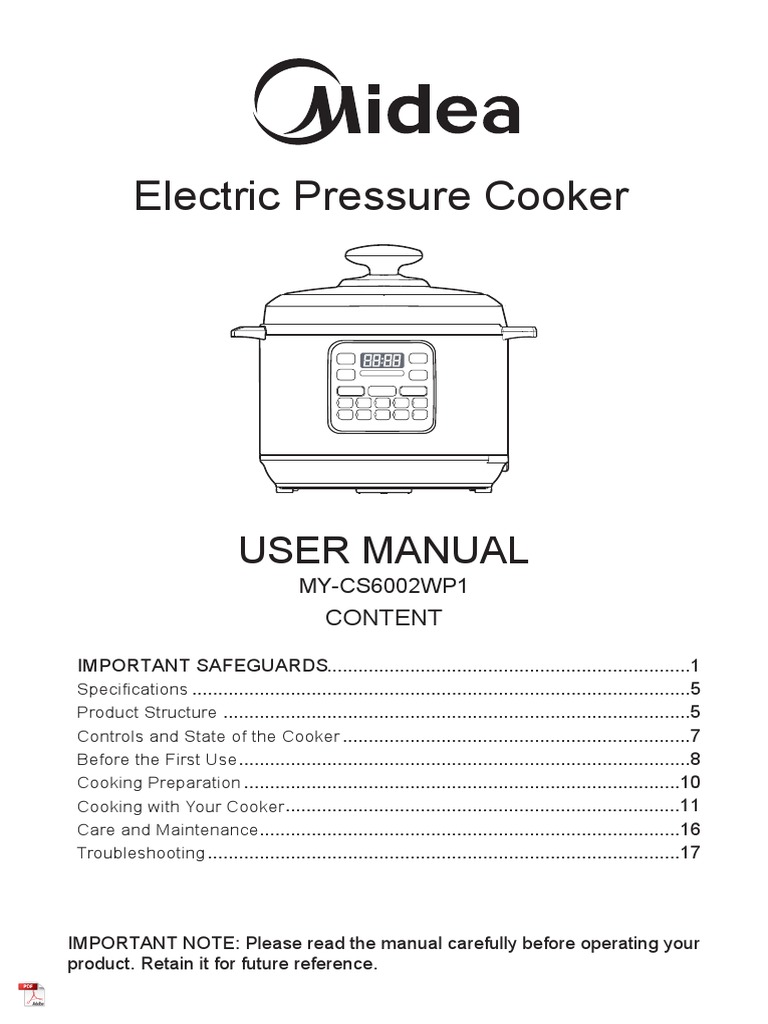 Midea MYCS6002WP1 Electric Pressure Cooker User Manual Download Free