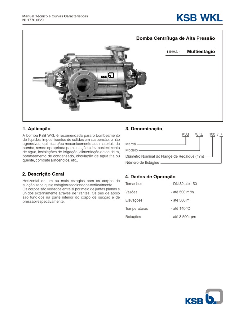 Bomba Centrífuga KSB WKL 100: Manual Técnico | PDF | Bomba | Motores