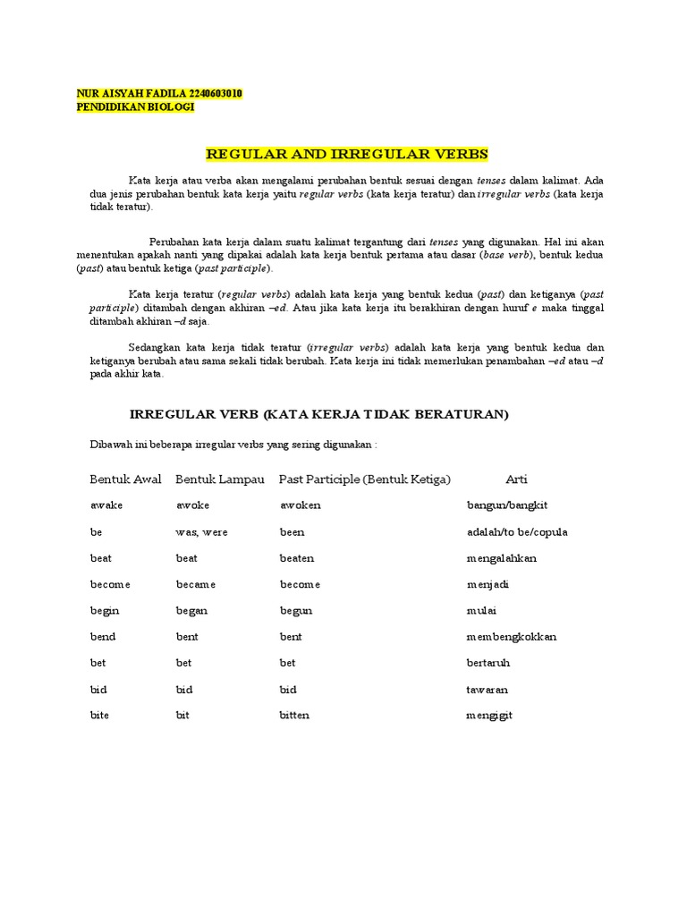 Regular And Irregular Verbs Pdf