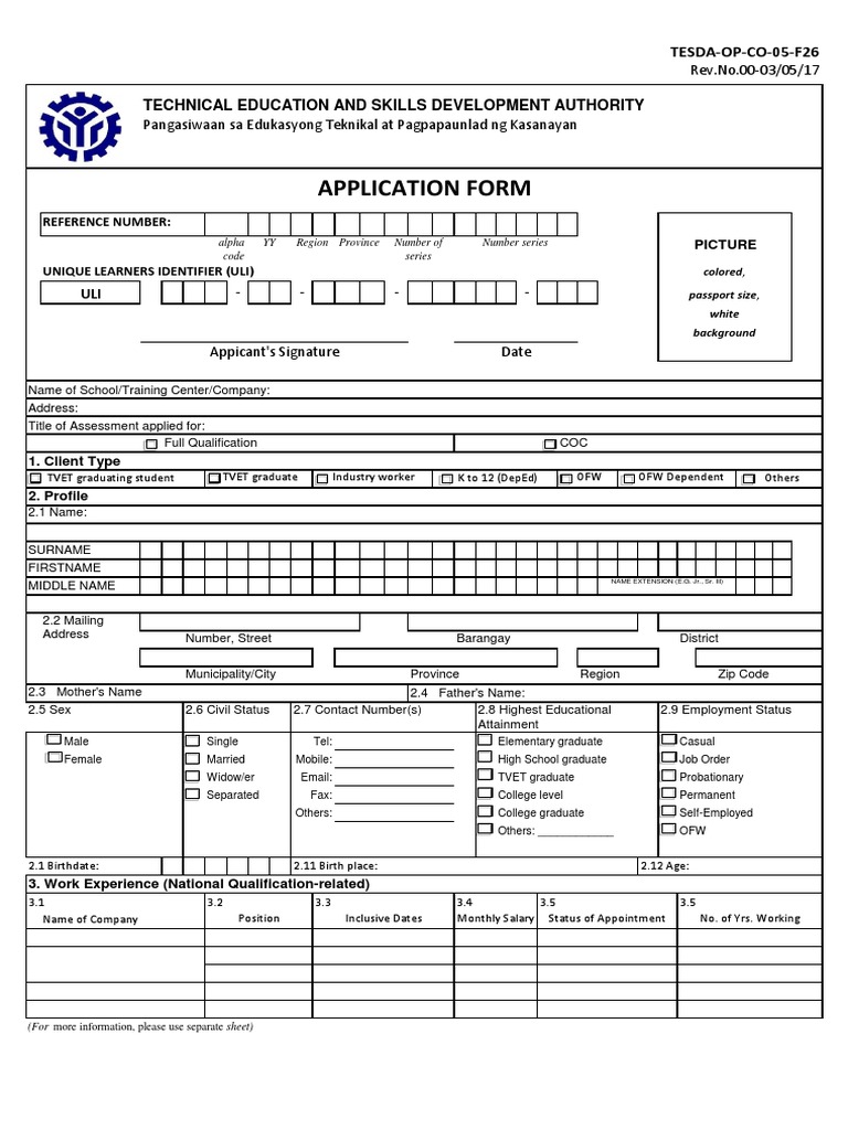 TESDA Application Form for Assessment | PDF