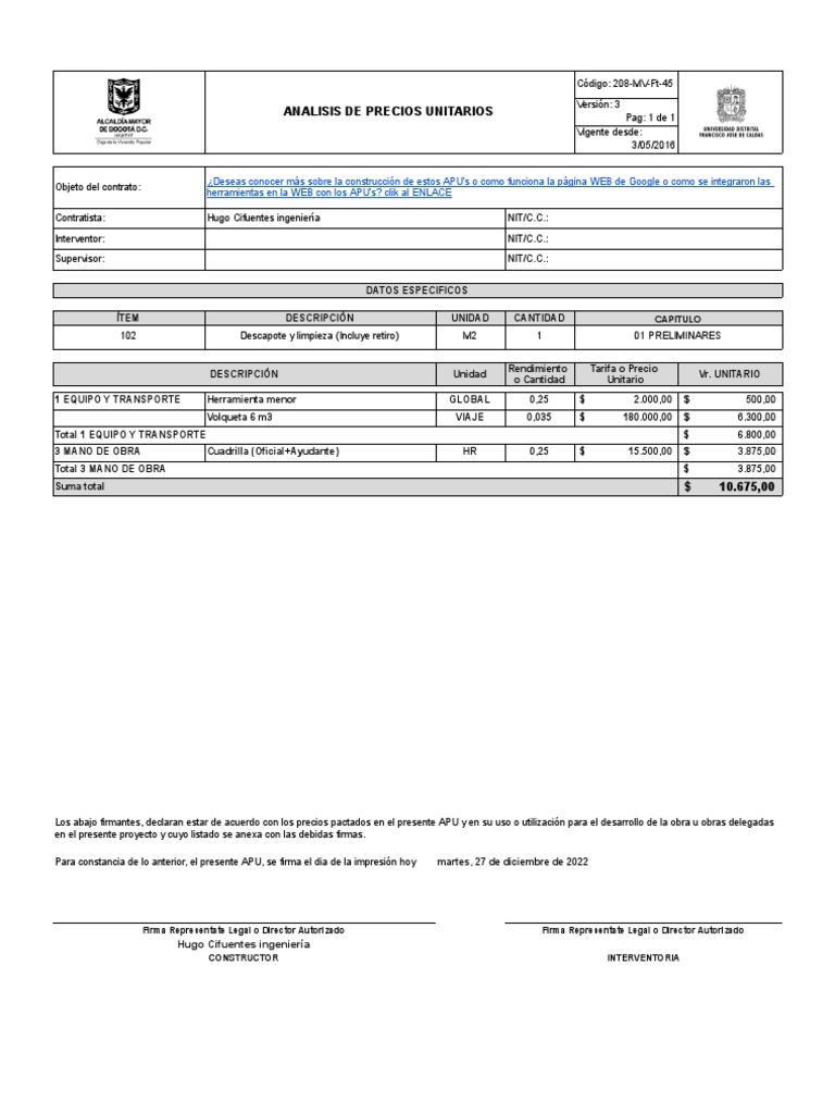 Análisis de Precios Unitarios APU | PDF | Informática