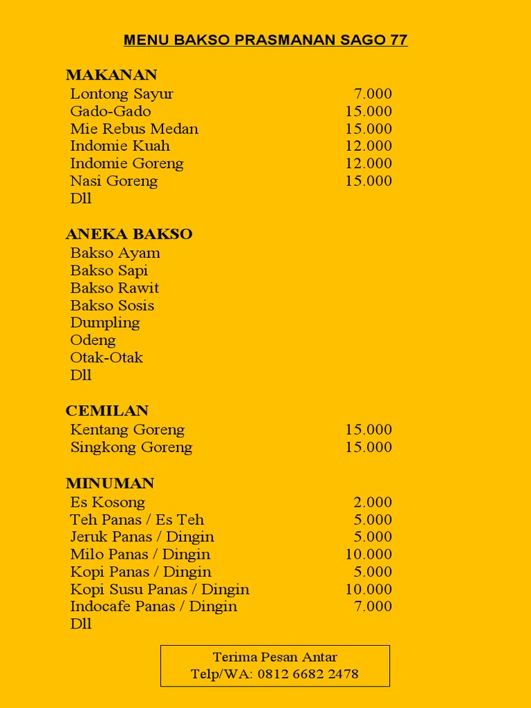 Menu Bakso Prasmanan Sago 77 | PDF