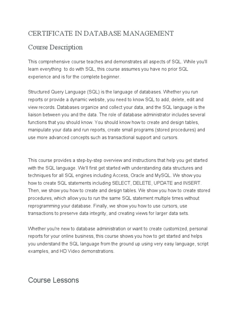 Photo inspiration: Sql Database Management Certificate Course Pdf Sql Photo Inspiration