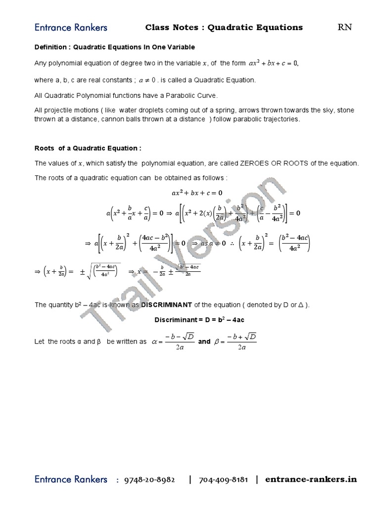 QEE-Topic-6-Roots of A Quadratic | PDF | Equations | Quadratic Equation
