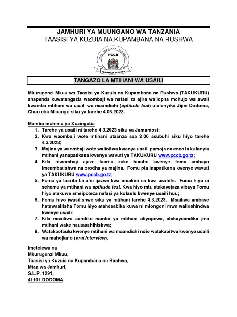 Majina Ya Walioitwa Usaili Takukuru Feb 2023 Pdf