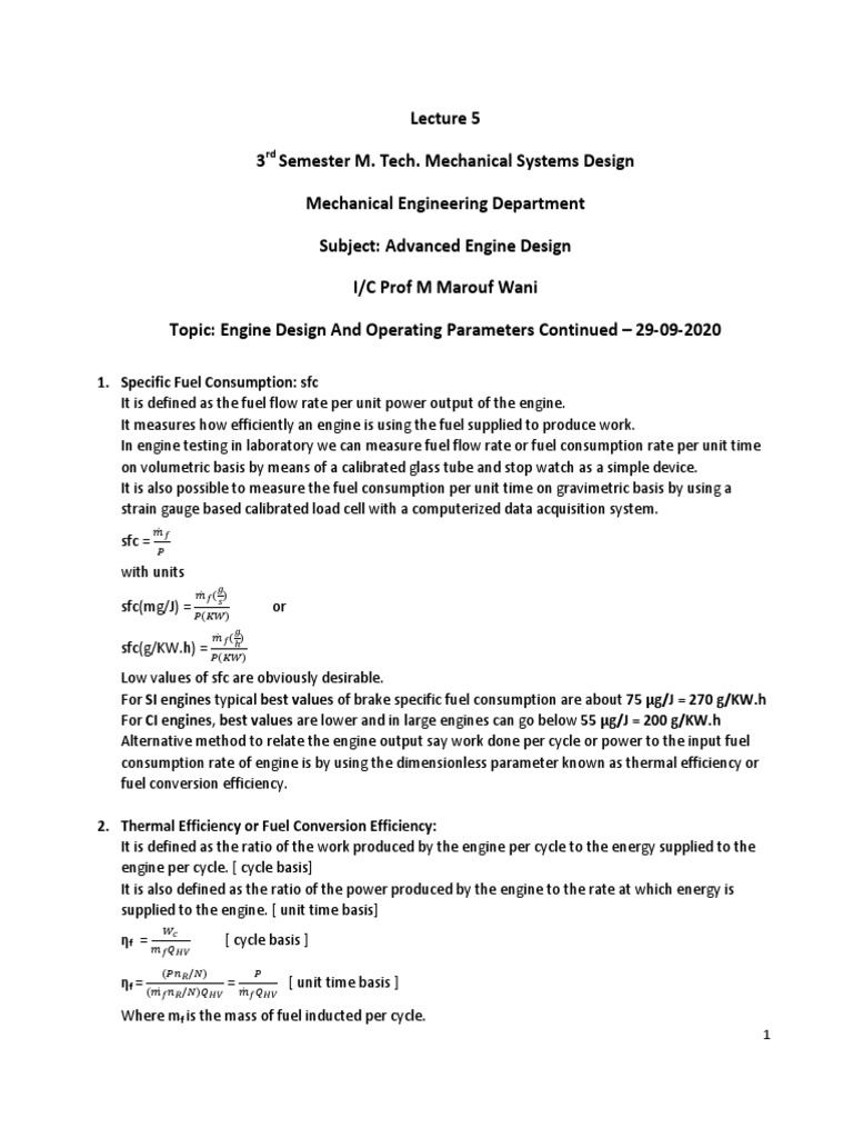 MSD302 LECTURE 5 Engine Design and Operating Parameters Continued