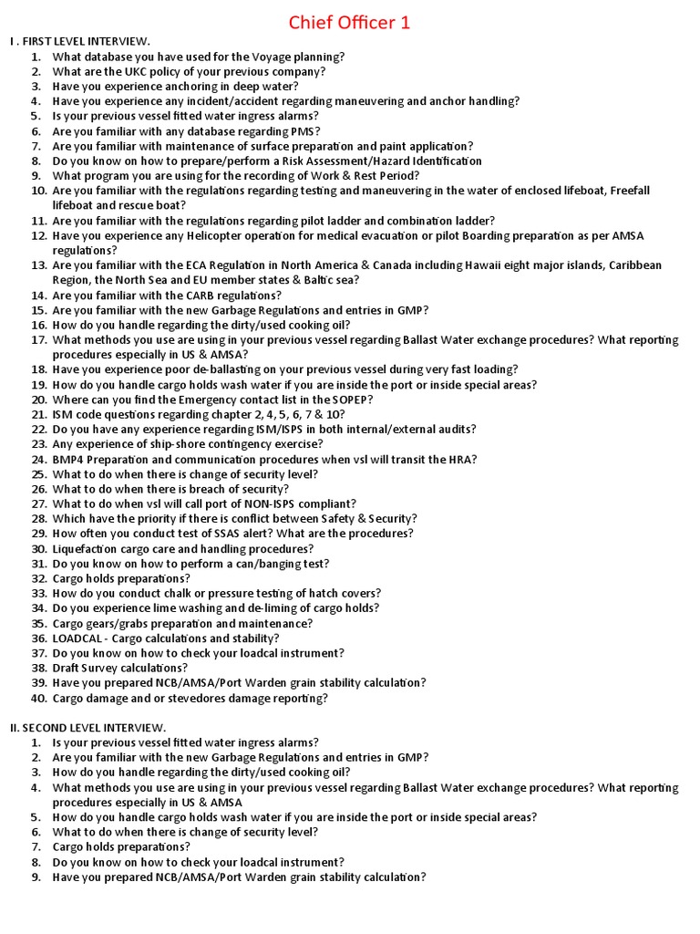 Interview Question - Master, C.O, 2.O, 3.O | PDF | Cargo | Shipping