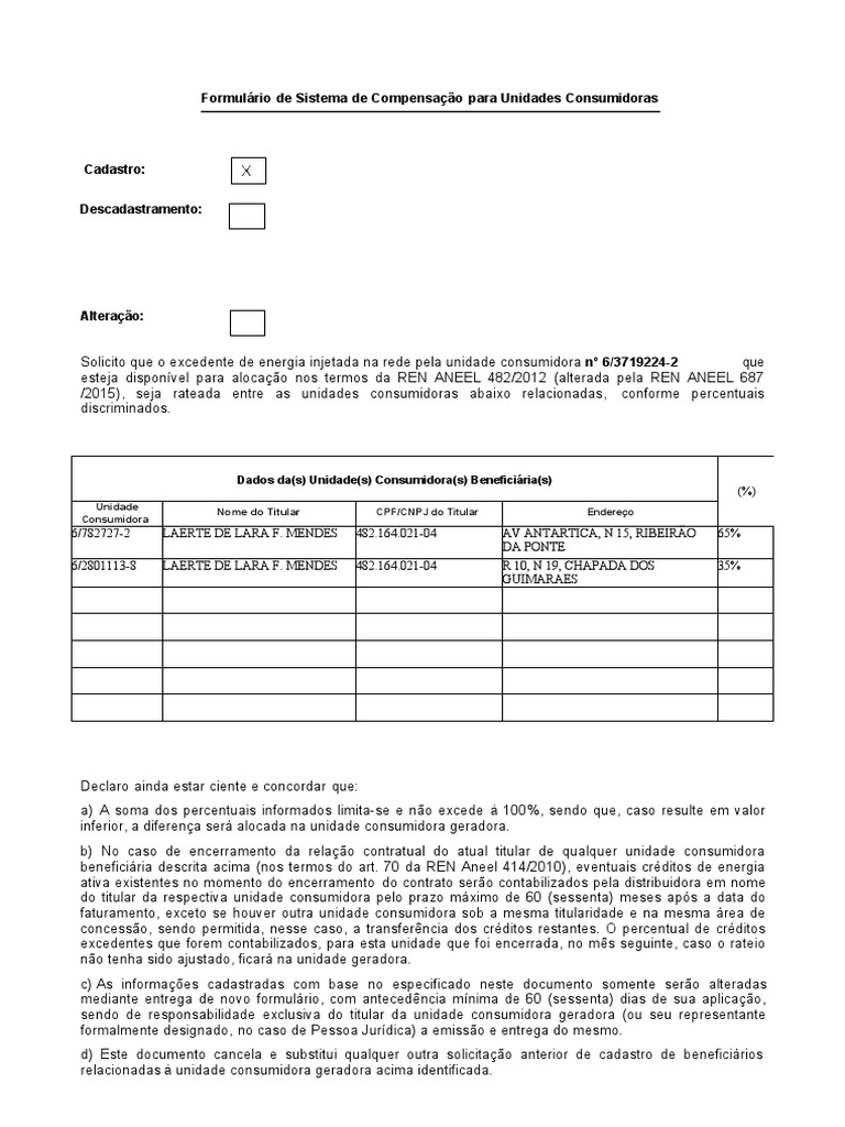 Formulário de Cadastro de Compensação Energética | PDF