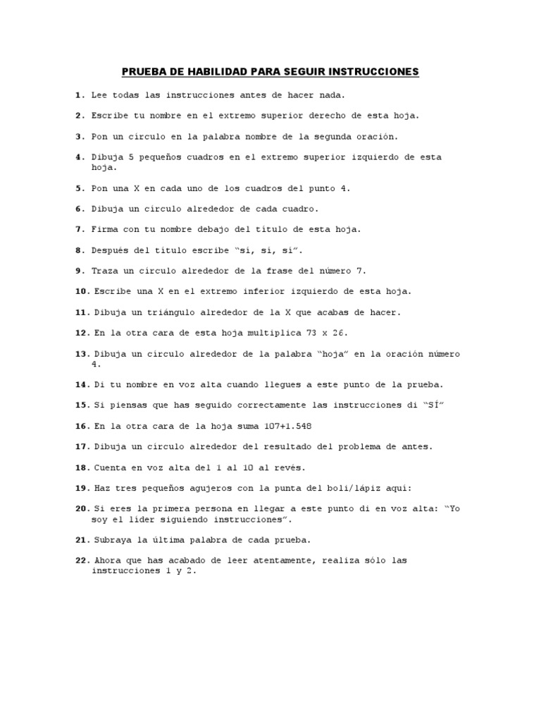 Prueba de Habilidad: Instrucciones | PDF | Hogar, jardinería y bricolaje