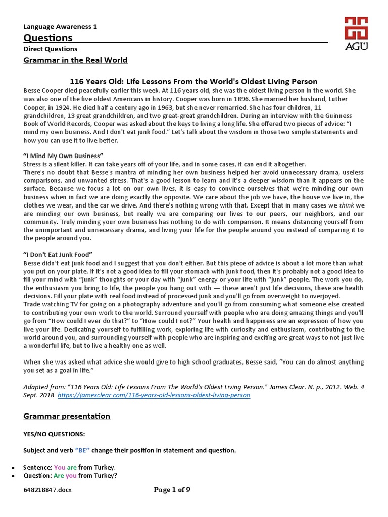Life Lessons from the World's Oldest Person | PDF | Question | Verb