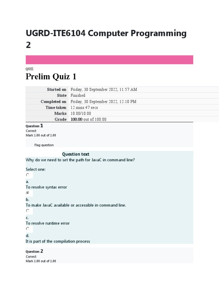 ITE6104 Computer Programming 2 PRELIM TO FINAL QUIZ PDF Class Ite6104 computer programming 2 prelim to final quiz pdf class