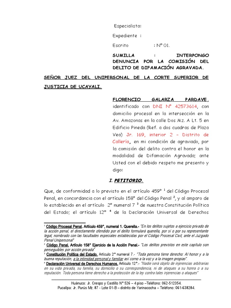 Modelo Demanda De Difamacion Agravada Pdf Derecho Penal Castigos