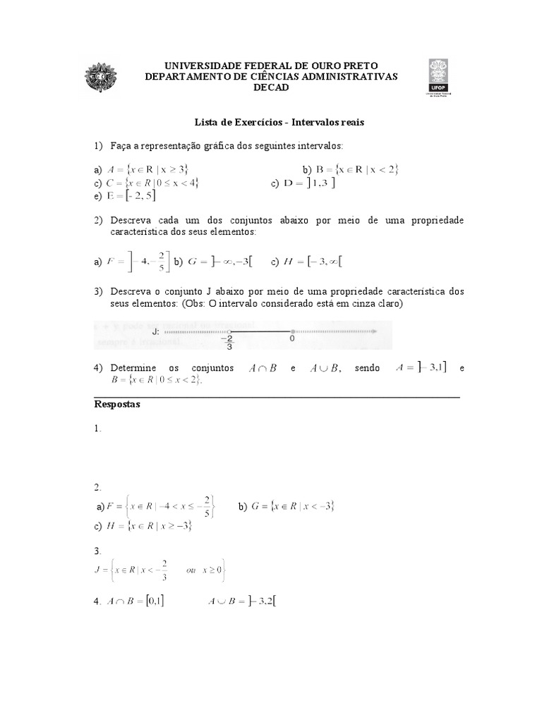 1 Lista Exercícios Intervalos Reais Pdf