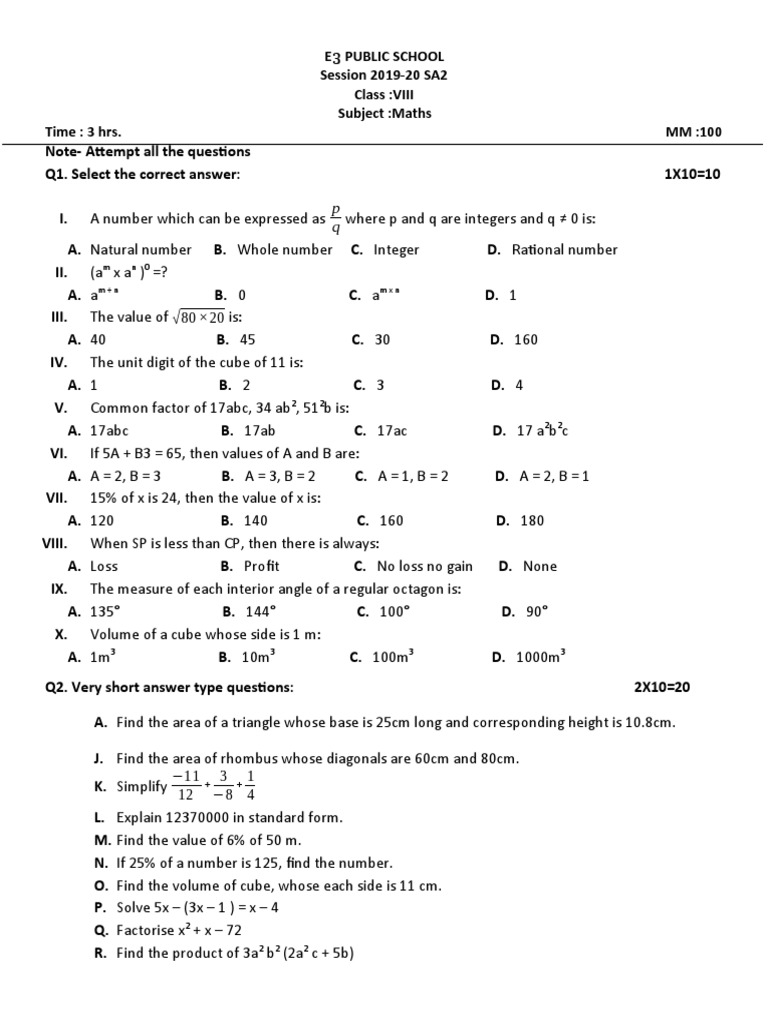 Class 8 Maths Exam Paper 2019-20 | PDF | Area | Geometric Shapes