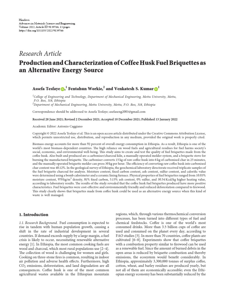 Production and Characterization of Coffee Husk Fue PDF Charcoal Fuels