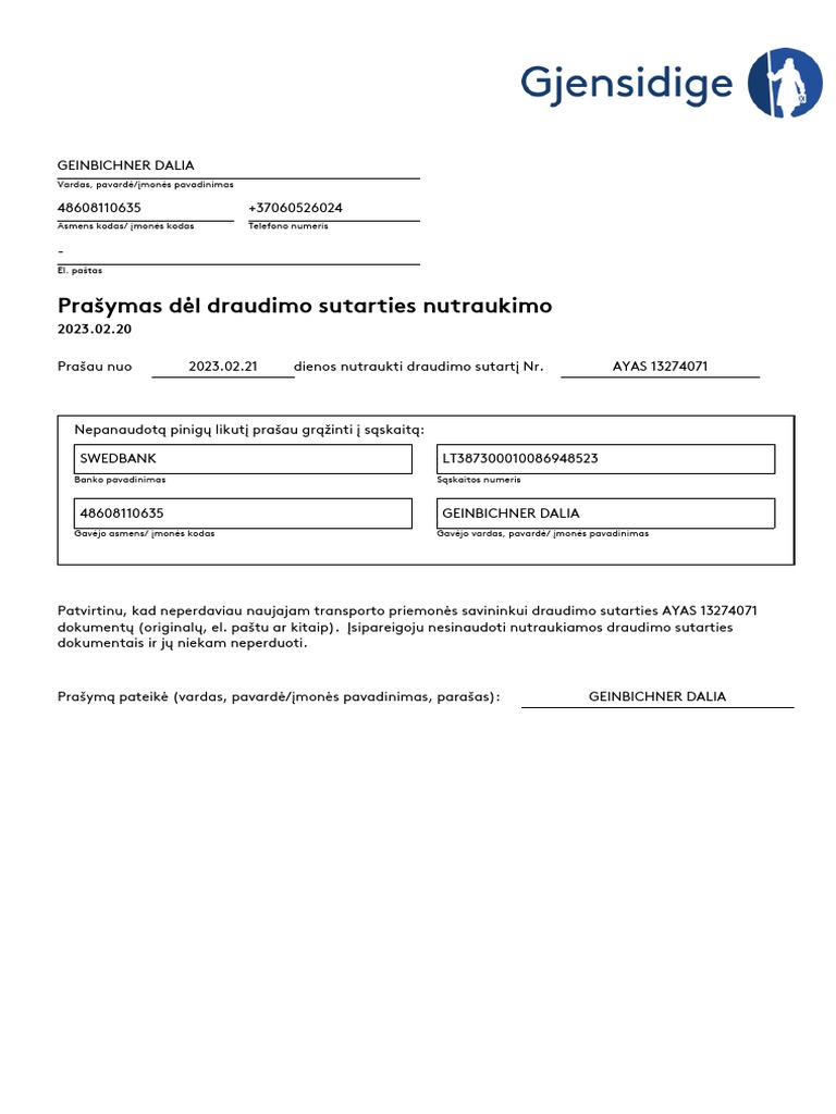 Prašymas Dėl Draudimo Sutarties Nutraukimo: Vardas, Pavardė/įmonės ...