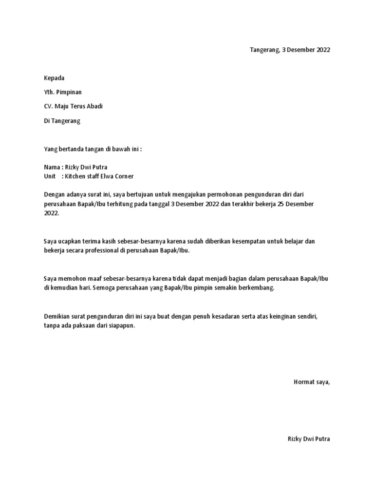 Surat Pengunduran Diri Rizky Dwi Putra | PDF