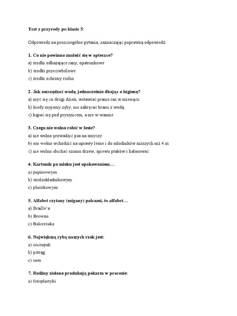 Quiz Z Przyrody Klasa 5