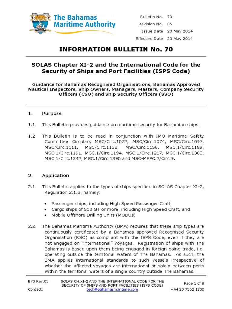BMA Bulletin 70 SOLAS Chapter XI 2 and The ISPS Code PDF Water