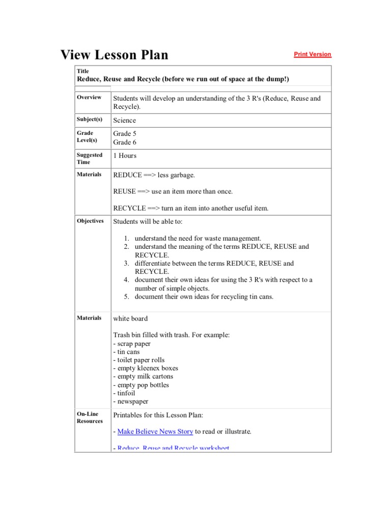 View Lesson Plan Reuse Recycling