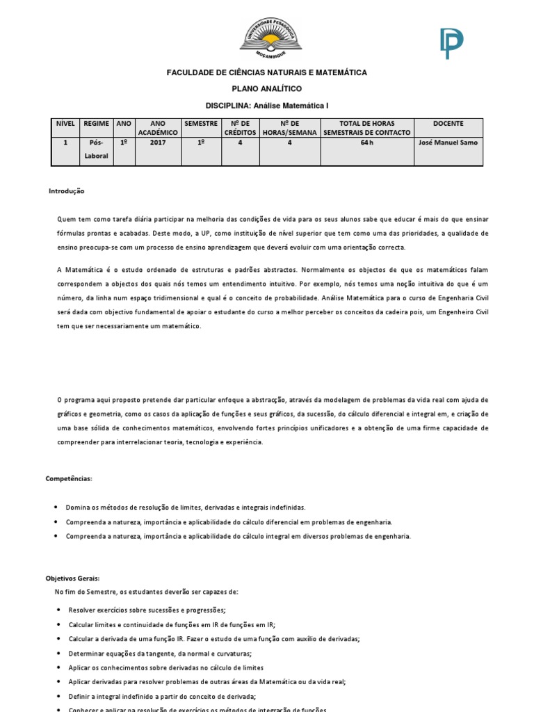 A. Matemática I Plano Analítico Análise Engenharia Civil 2017 Pos