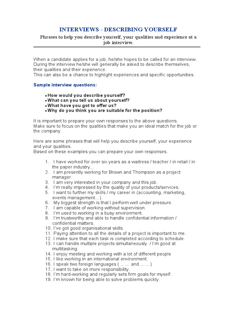 Interviews Describing Yourself PDF Job Interview Psychological