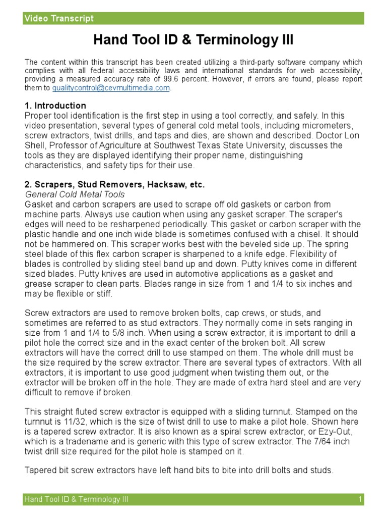 Hand Tool ID & Terminology III Video Transcript PDF Screw Drill