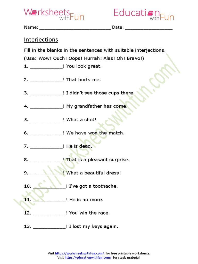 Interjections Worksheet 1 PDF