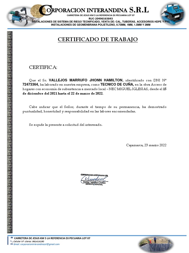 Certificado de Trabajo: Orporacion Interandina | PDF
