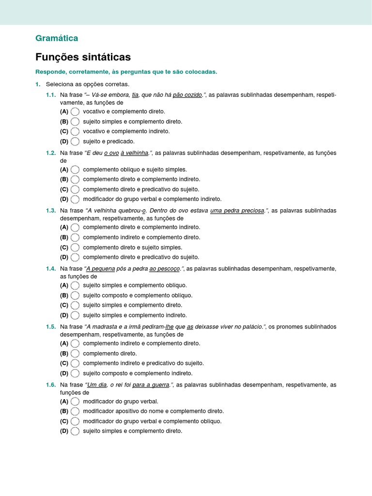 Ficha Funcoes Sintaticas | PDF | Assunto (gramática) | Predicado ...