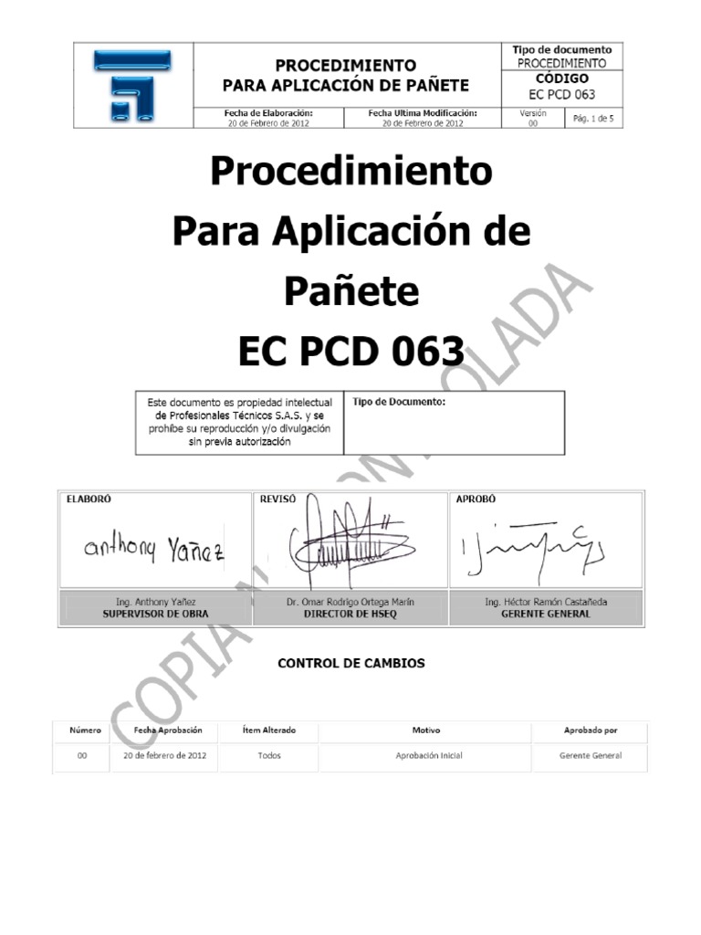 Procedimiento para Aplicación de Pañete EC PCD PDF | PDF
