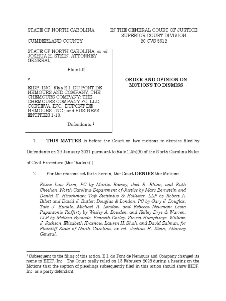 NC Court Ruling on Chemours PFAS Case | PDF